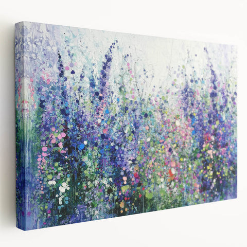 Vibrant abstract floral design on a stretched canvas, showcasing intricate details and rich colors, ideal for modern home decor or artistic accent pieces.
