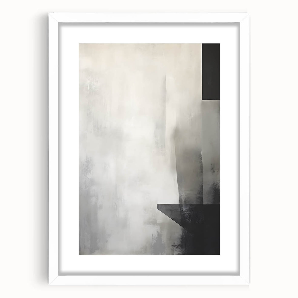 Abstract minimalist wall art framed with a white mat, showcasing geometric shapes in muted tones, perfect for modern home decor and artistic spaces.
