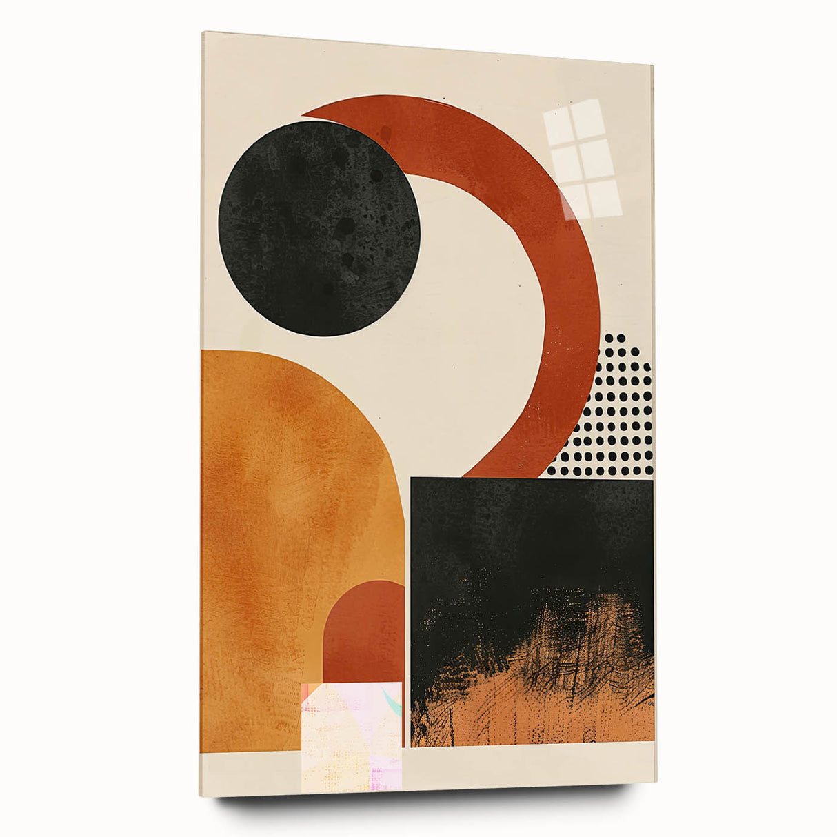 Abstract minimalist wall art design displayed within a sleek acrylic glass frame, showcasing soft pastel colors and geometric shapes, offering a modern aesthetic for home décor.