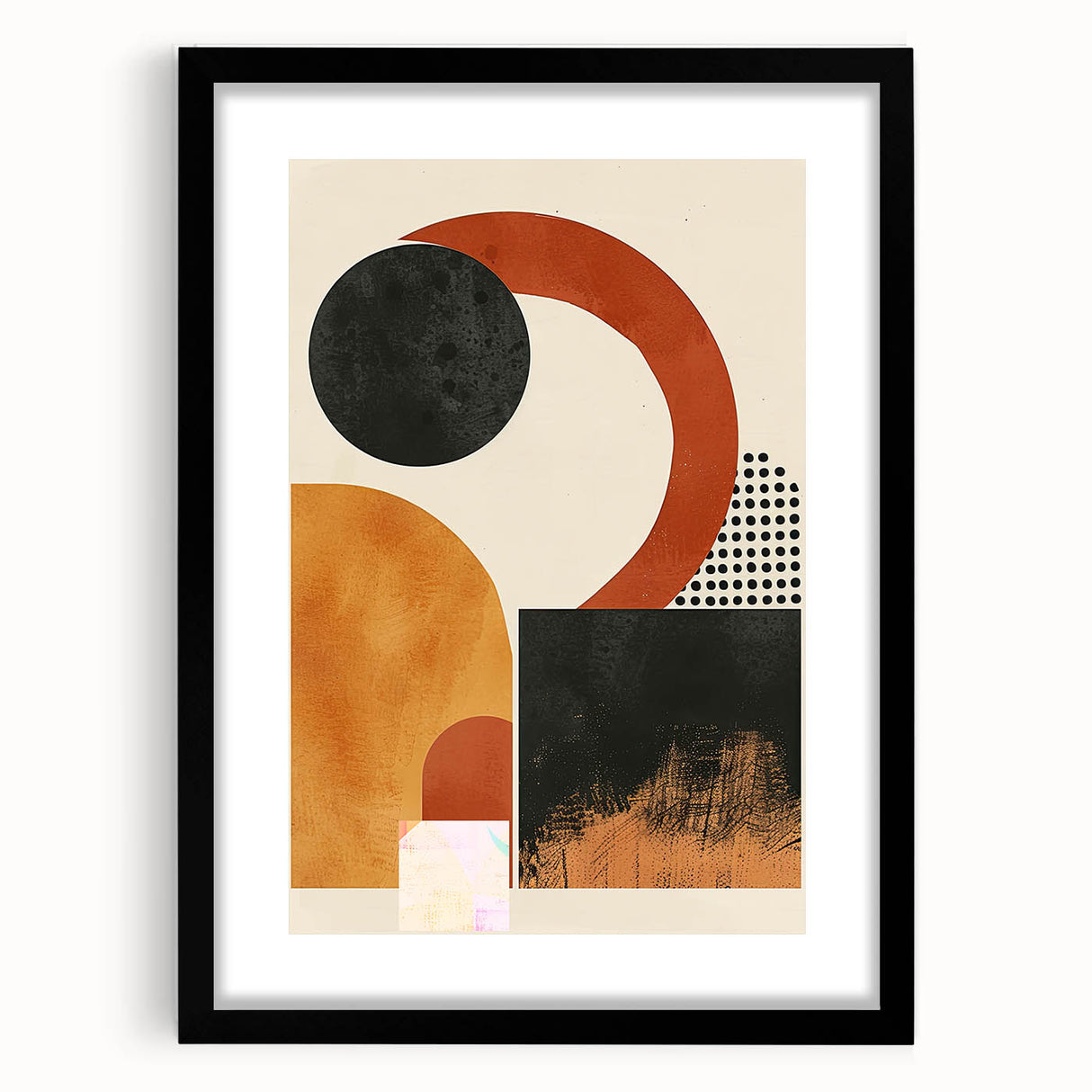 Abstract minimalist wall art framed in black with a mat, showcasing geometric patterns and soothing color palette, ideal for modern home decor.