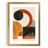 Abstract minimalist wall art in a gold frame, featuring geometric shapes and soft color tones, displayed with a white mat for an elegant touch.