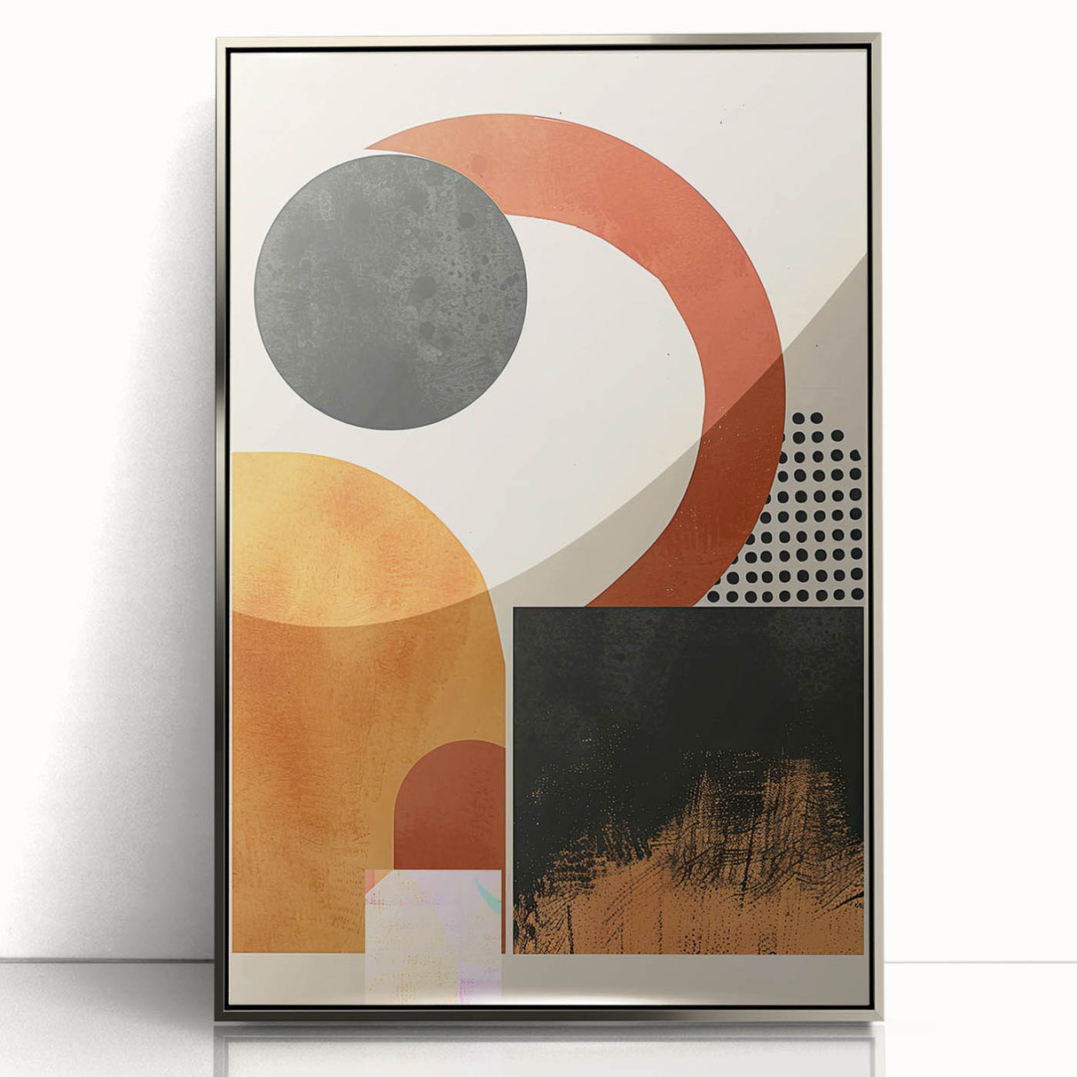 Framed abstract minimalist wall art showcasing a silver acrylic design, set against a clean background, perfect for modern home decor enhancement.