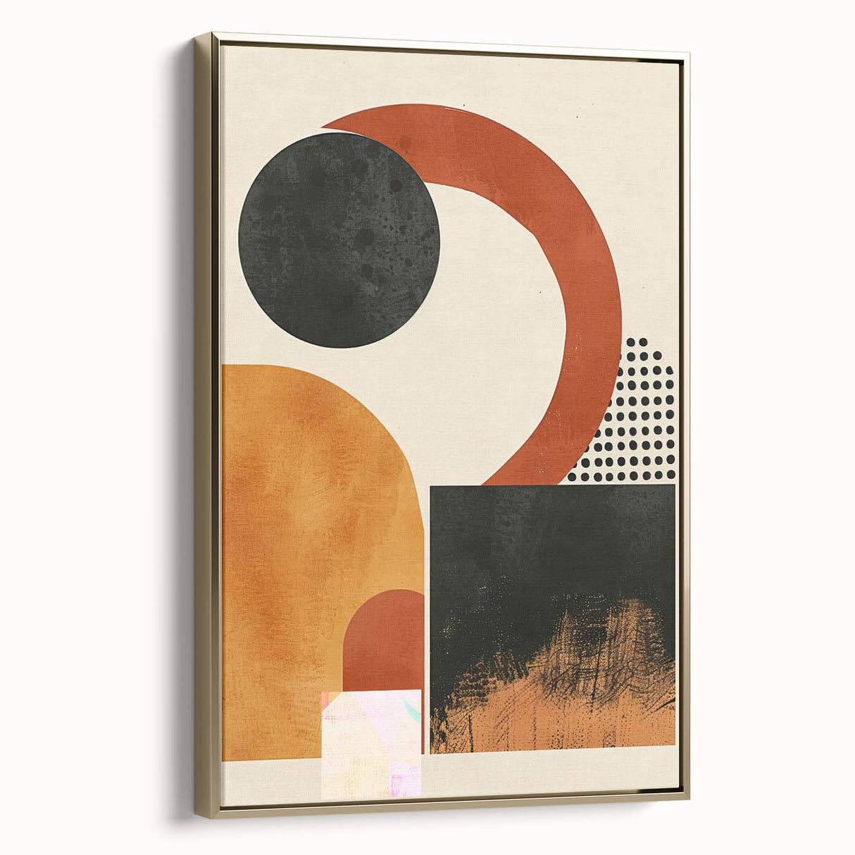 Framed abstract minimalist wall art featuring a gold and white design, showcasing a sleek side view that highlights its elegant finish, perfect for modern decor.