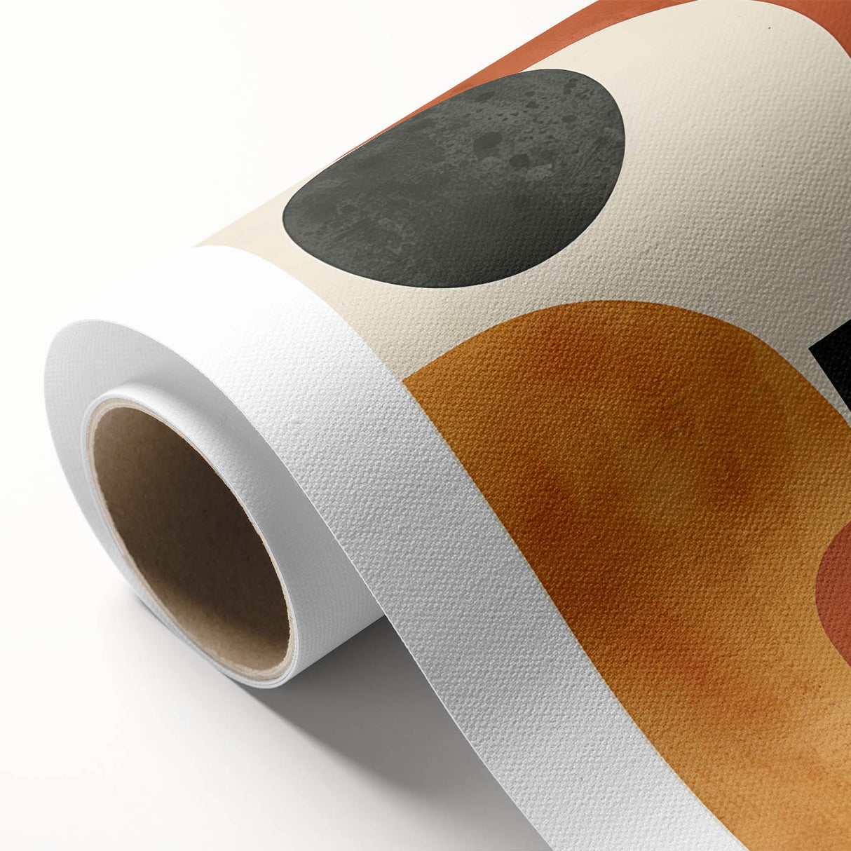 Abstract minimalist wall art on rolled canvas, showcasing soft pastel colors and geometric shapes, ideal for modern home decor, packaged securely in a cardboard tube.