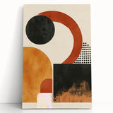 Abstract minimalist wall art on stretched canvas, featuring soft pastel colors and geometric shapes, leaning against a neutral wall, perfect for modern decor.