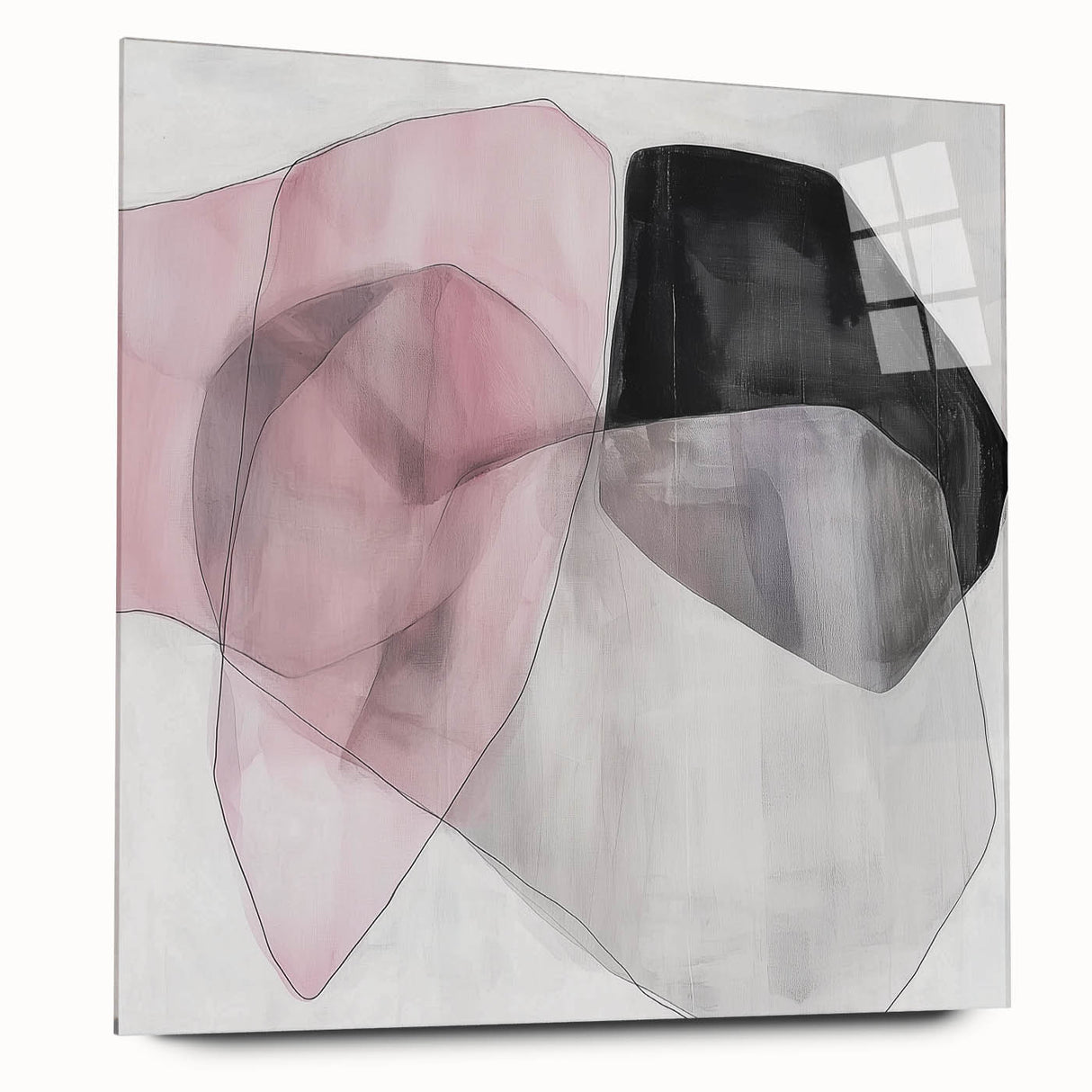 Large Abstract Wall Art – Soft Pink, Black & Gray Overlap Canvas