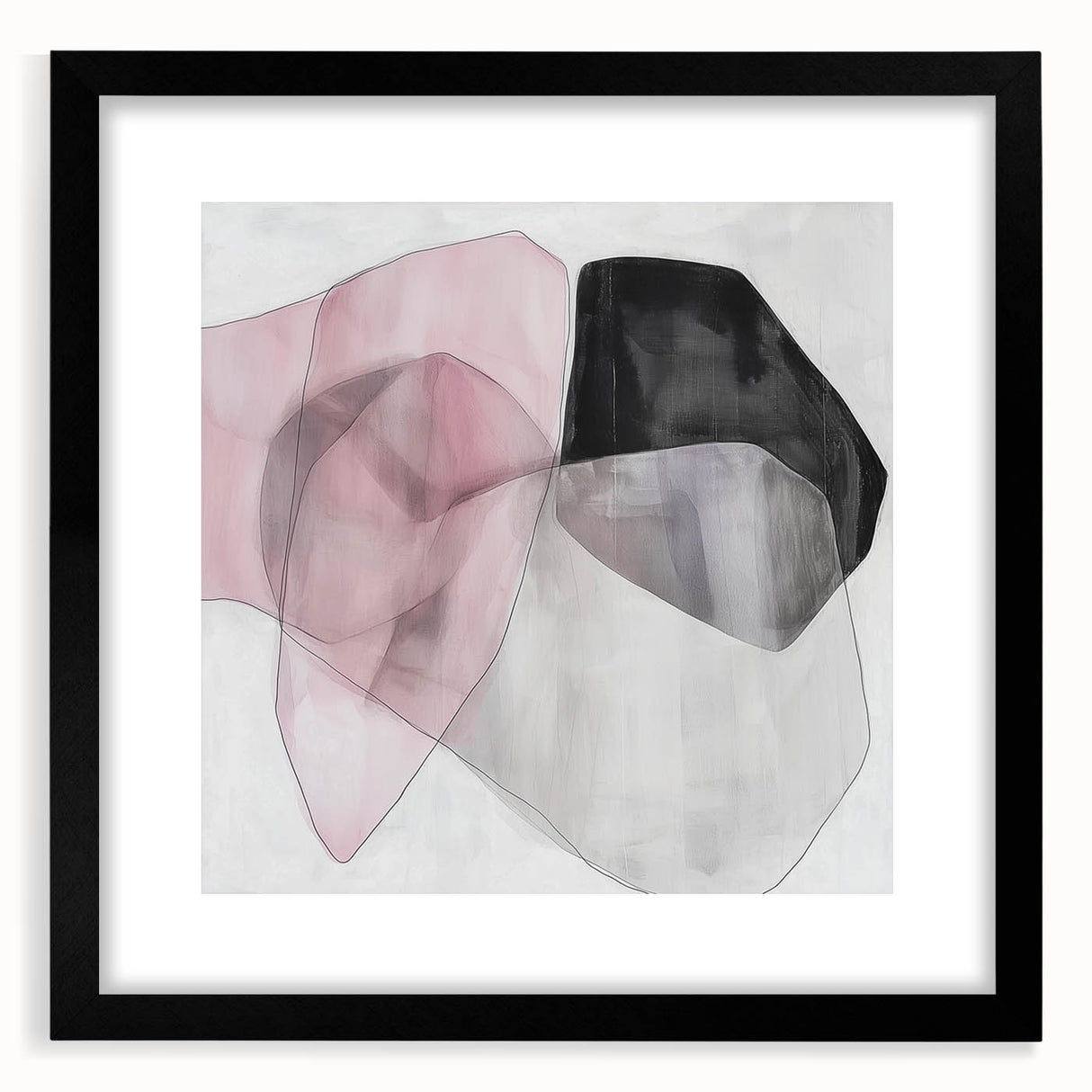 Large Abstract Wall Art – Soft Pink, Black & Gray Overlap Canvas