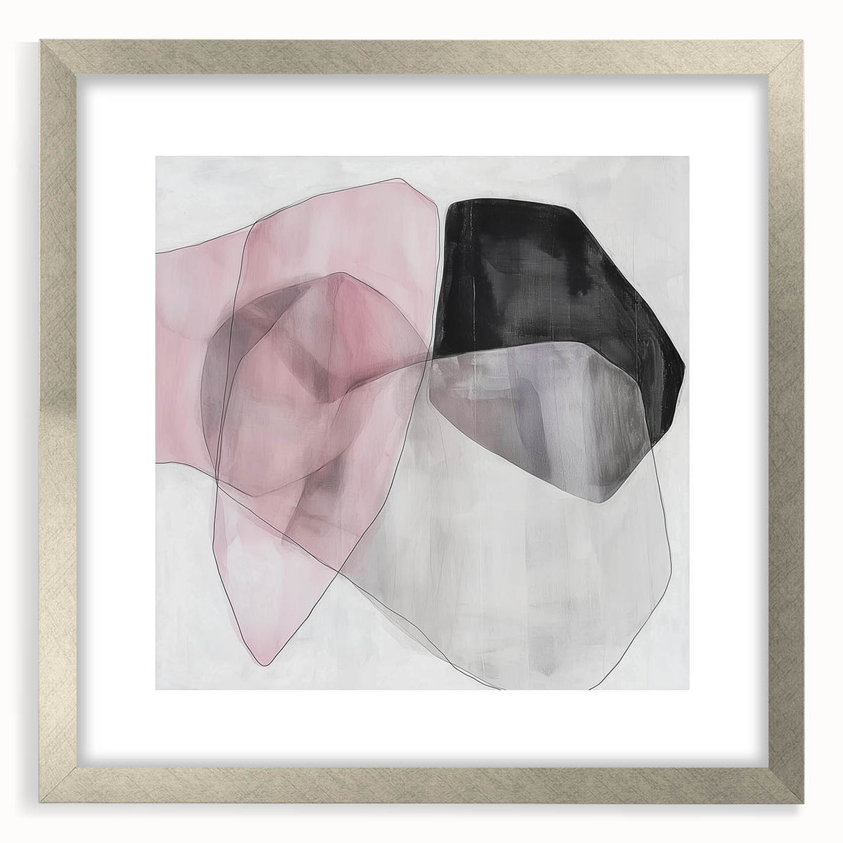 Large Abstract Wall Art – Soft Pink, Black & Gray Overlap Canvas