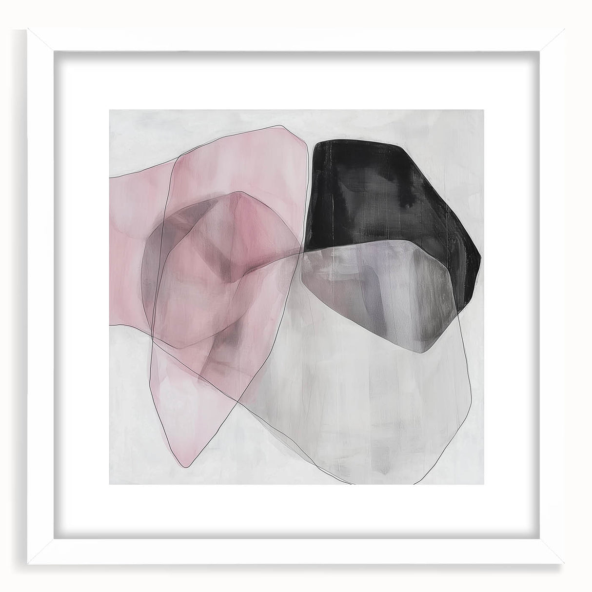 Large Abstract Wall Art – Soft Pink, Black & Gray Overlap Canvas