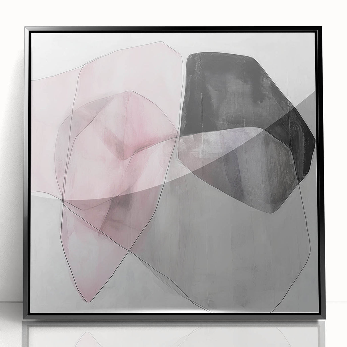 Large Abstract Wall Art – Soft Pink, Black & Gray Overlap Canvas