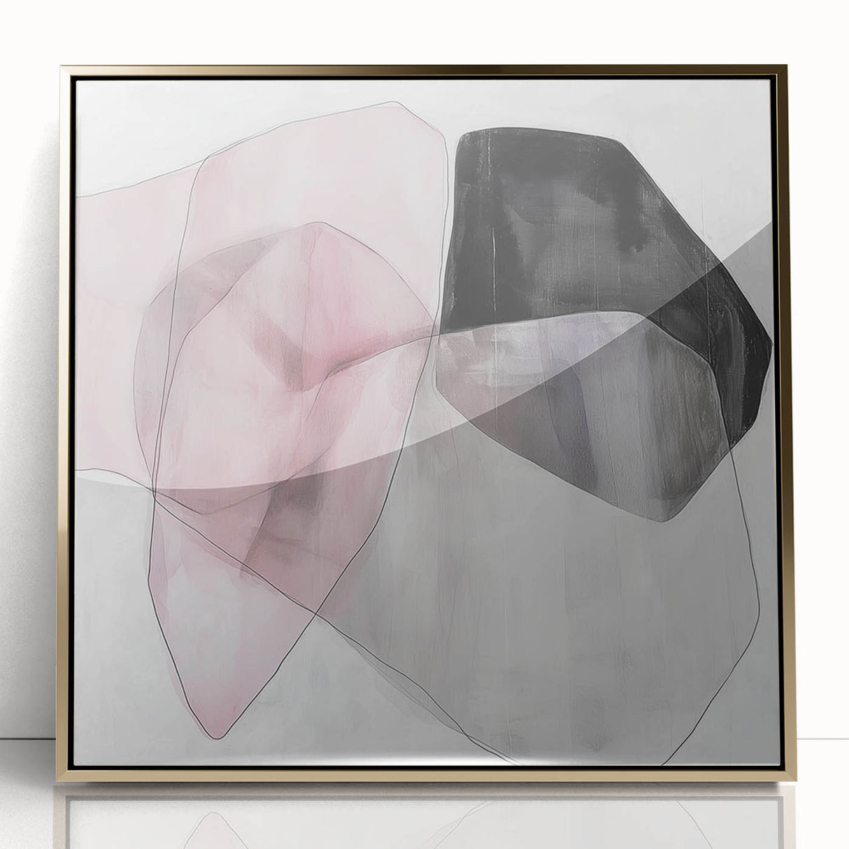 Large Abstract Wall Art – Soft Pink, Black & Gray Overlap Canvas