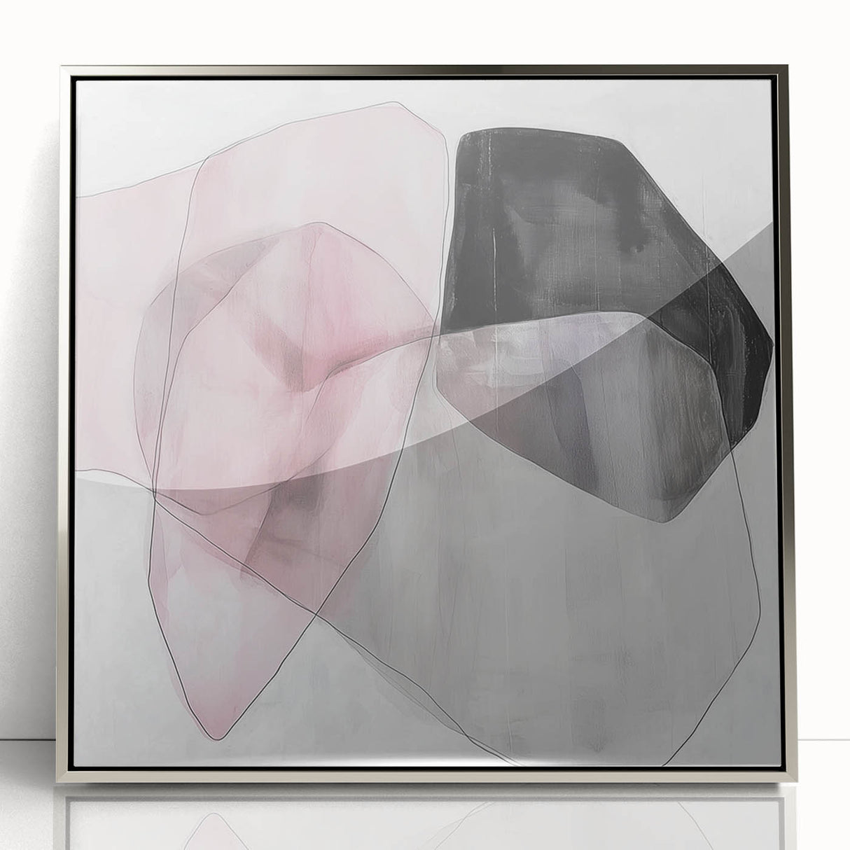 Large Abstract Wall Art – Soft Pink, Black & Gray Overlap Canvas