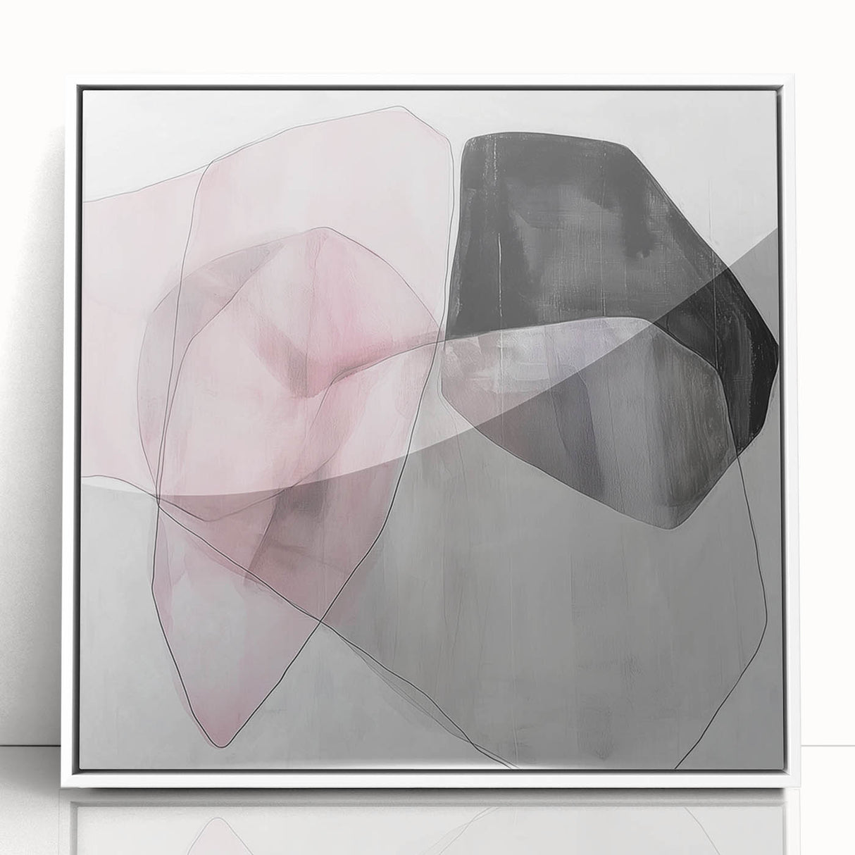 Large Abstract Wall Art – Soft Pink, Black & Gray Overlap Canvas