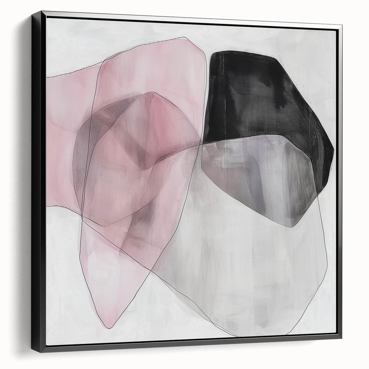 Large Abstract Wall Art – Soft Pink, Black & Gray Overlap Canvas
