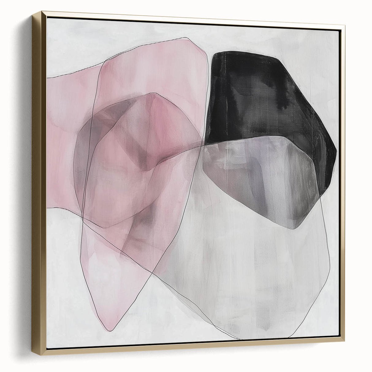 Large Abstract Wall Art – Soft Pink, Black & Gray Overlap Canvas