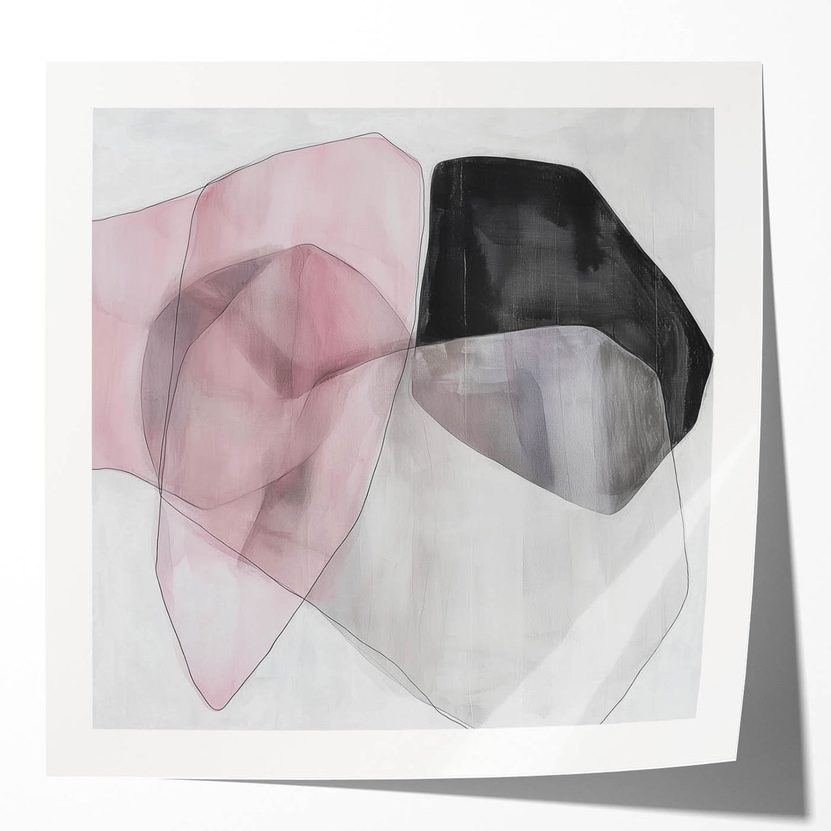 Large Abstract Wall Art – Soft Pink, Black & Gray Overlap Canvas