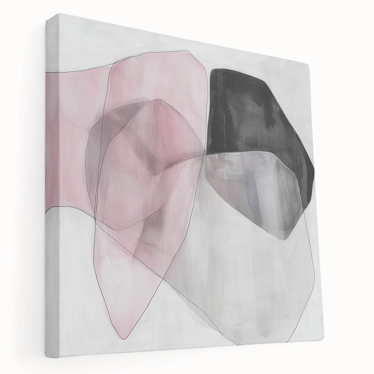 Large Abstract Wall Art – Soft Pink, Black & Gray Overlap Canvas