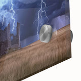 Close-up of an acrylic landscape design depicting a majestic castle surrounded by lush greenery, showcasing vibrant colors and intricate details for a captivating home decor accent.