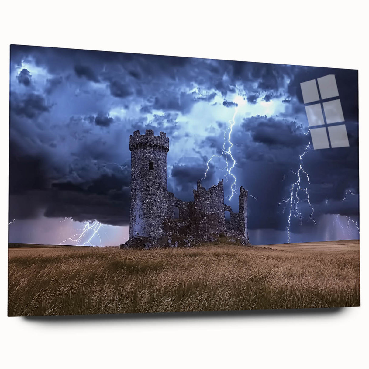Acrylic glass artwork showcasing a stunning landscape featuring a majestic castle, displayed in a side view without pins, highlighting vibrant colors and intricate details. Perfect for home decor enthusiasts seeking unique and elegant wall art.