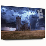 Acrylic glass artwork showcasing a stunning landscape featuring a majestic castle, displayed in a side view without pins, highlighting vibrant colors and intricate details. Perfect for home decor enthusiasts seeking unique and elegant wall art.