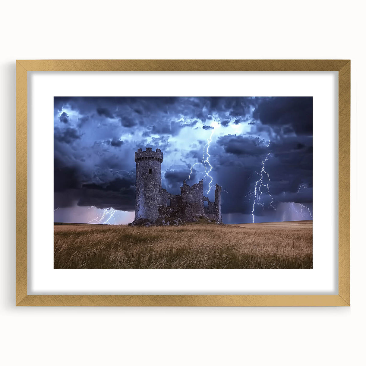 Elegant gold-framed landscape artwork showcasing a picturesque castle scene, set against a serene backdrop. Ideal for enhancing home decor with classic charm.