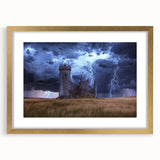 Elegant gold-framed landscape artwork showcasing a picturesque castle scene, set against a serene backdrop. Ideal for enhancing home decor with classic charm.