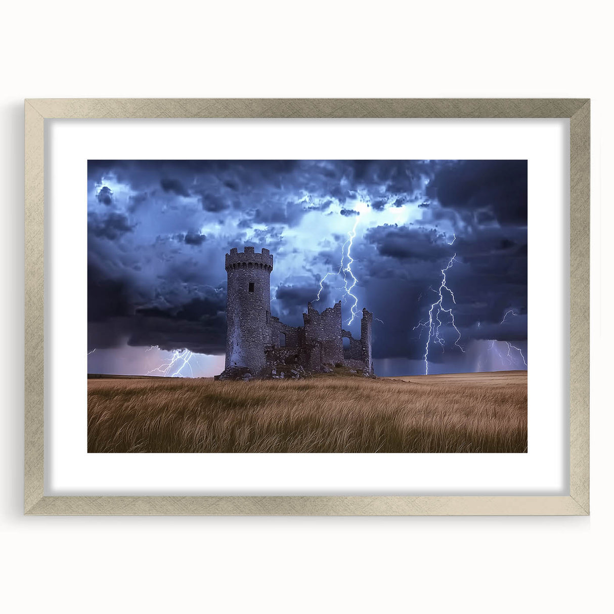 Silver-framed landscape artwork showcasing a picturesque castle scene, elegantly matted for a refined presentation, perfect for home decor enhancement.