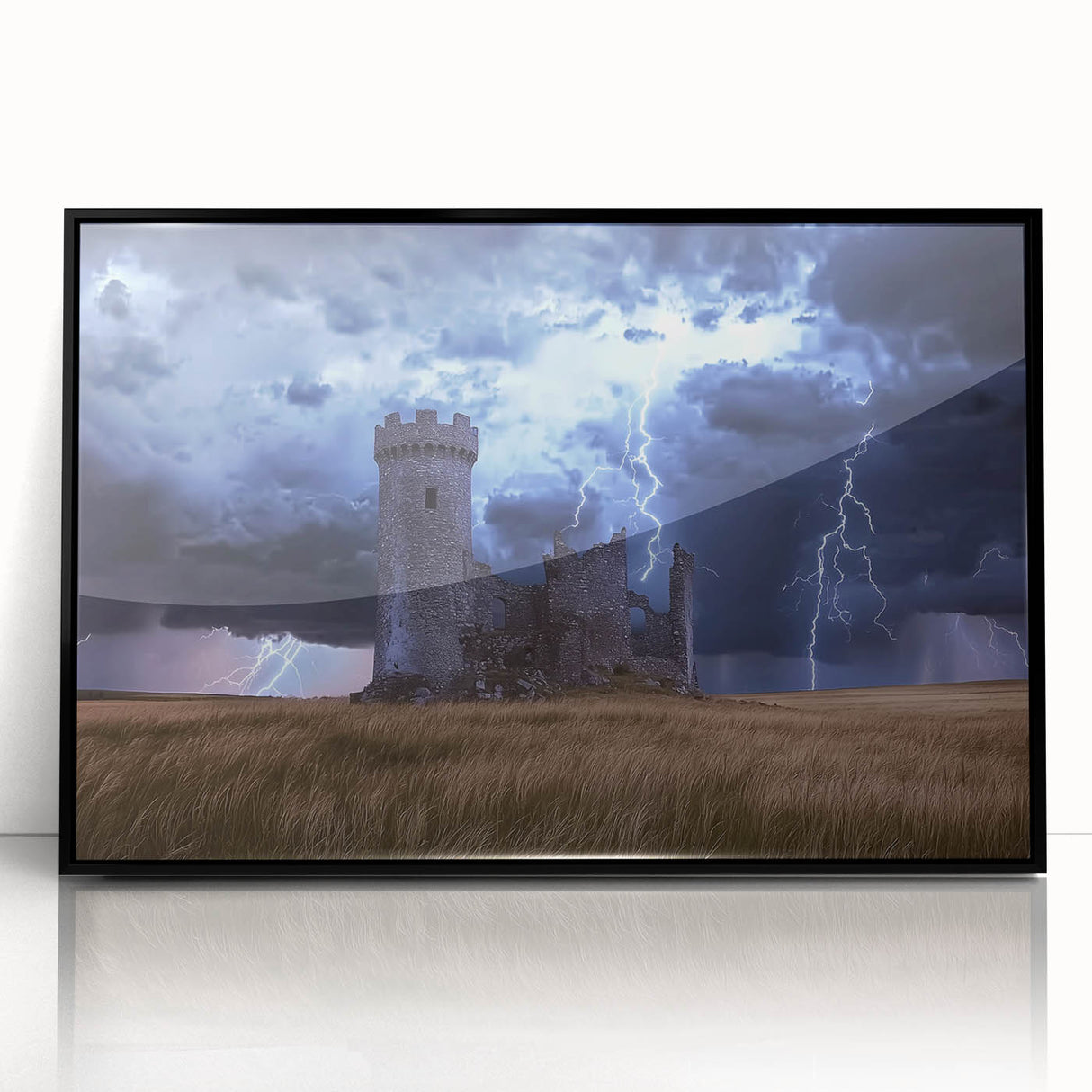 Framed acrylic artwork showcasing a captivating landscape castle scene, featuring a sleek black frame and vibrant colors, ideal for home decor enhancement.