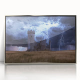 Framed acrylic artwork showcasing a stunning landscape with a castle, featuring silver accents and a sleek modern design, ideal for home decor.