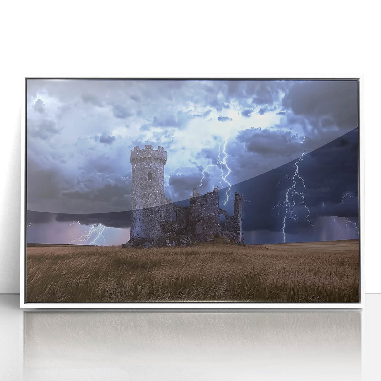 Framed acrylic artwork depicting a picturesque landscape with a majestic castle, set against a serene blue sky, highlighted by vibrant colors and intricate details, perfect for elegant home decor.