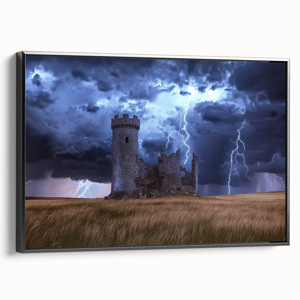 Framed canvas art featuring a serene landscape with a majestic castle, presented in a sleek black frame, showcasing intricate details and rich colors, perfect for home decor.