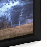 Close-up view of a framed canvas showcasing a serene landscape with a majestic castle, highlighting rich colors and intricate details, perfect for home decor.