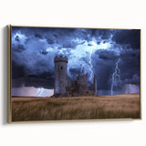 Framed canvas art depicting a majestic castle landscape, featuring intricate details and a gold frame, ideal for home decor and enhancing interior spaces.