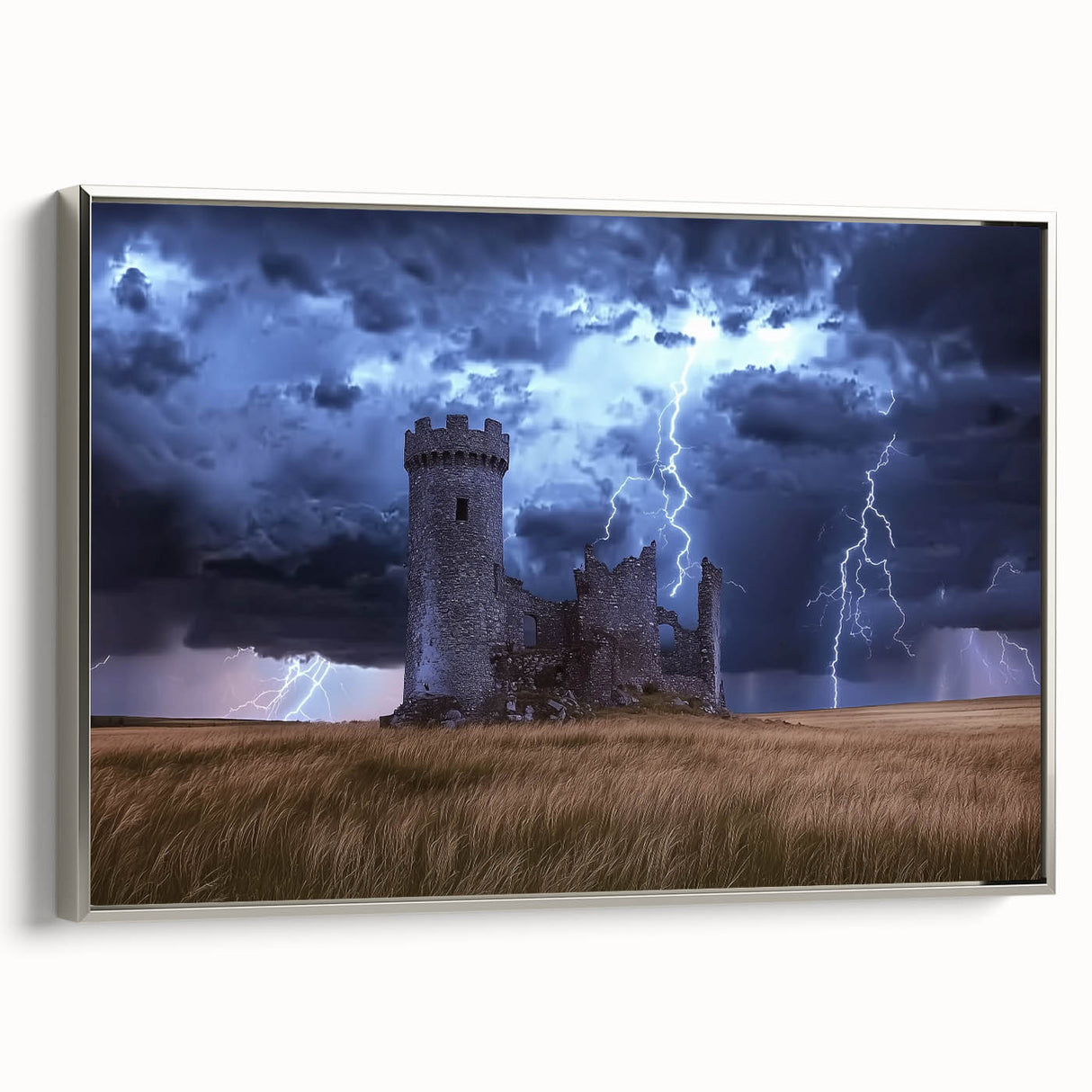 Framed canvas artwork depicting a picturesque landscape with a majestic castle, presented with a sleek silver frame, suitable for elegant home decor.