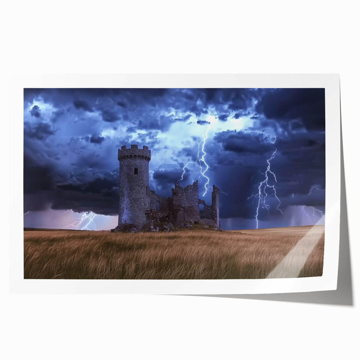 Scenic landscape canvas print depicting a majestic castle surrounded by lush greenery and a vibrant blue sky, rolled and ready for display. Ideal for home decor enthusiasts.