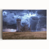 Stretched canvas displaying a picturesque landscape with a majestic castle surrounded by lush greenery and a serene blue sky, perfect for home decor.