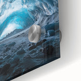 Close-up of a vibrant acrylic glass artwork depicting abstract landscapes and caves, showcasing rich colors and intricate details, ideal for modern home decor.