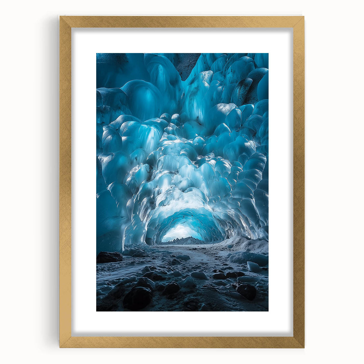 Gold-framed landscape cave artwork with a mat, showcasing intricate details and vibrant colors, perfect for elevating home decor in living spaces.