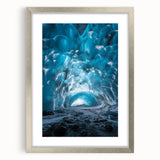 Framed landscape artwork showcasing a stunning cave scene with intricate details, surrounded by a silver mat, perfect for enhancing home decor aesthetics.