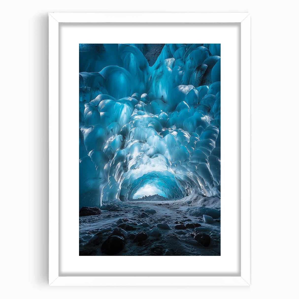 Framed landscape artwork depicting an enchanting cave scene, featuring a white mat and sleek black frame, ideal for enhancing home decor with nature-inspired elegance.