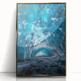 Framed acrylic wall art depicting a stunning cave landscape with vibrant colors, featuring gold accents and a sleek modern design, perfect for home decor.