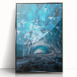 Framed acrylic artwork depicting a serene landscape scene with caves, showcased in a sleek silver frame, ideal for modern home decor.