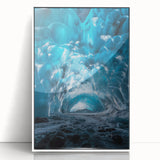 Framed acrylic artwork showcasing a scenic landscape of caves, featuring a white border and vibrant colors, ideal for home decor and nature enthusiasts.