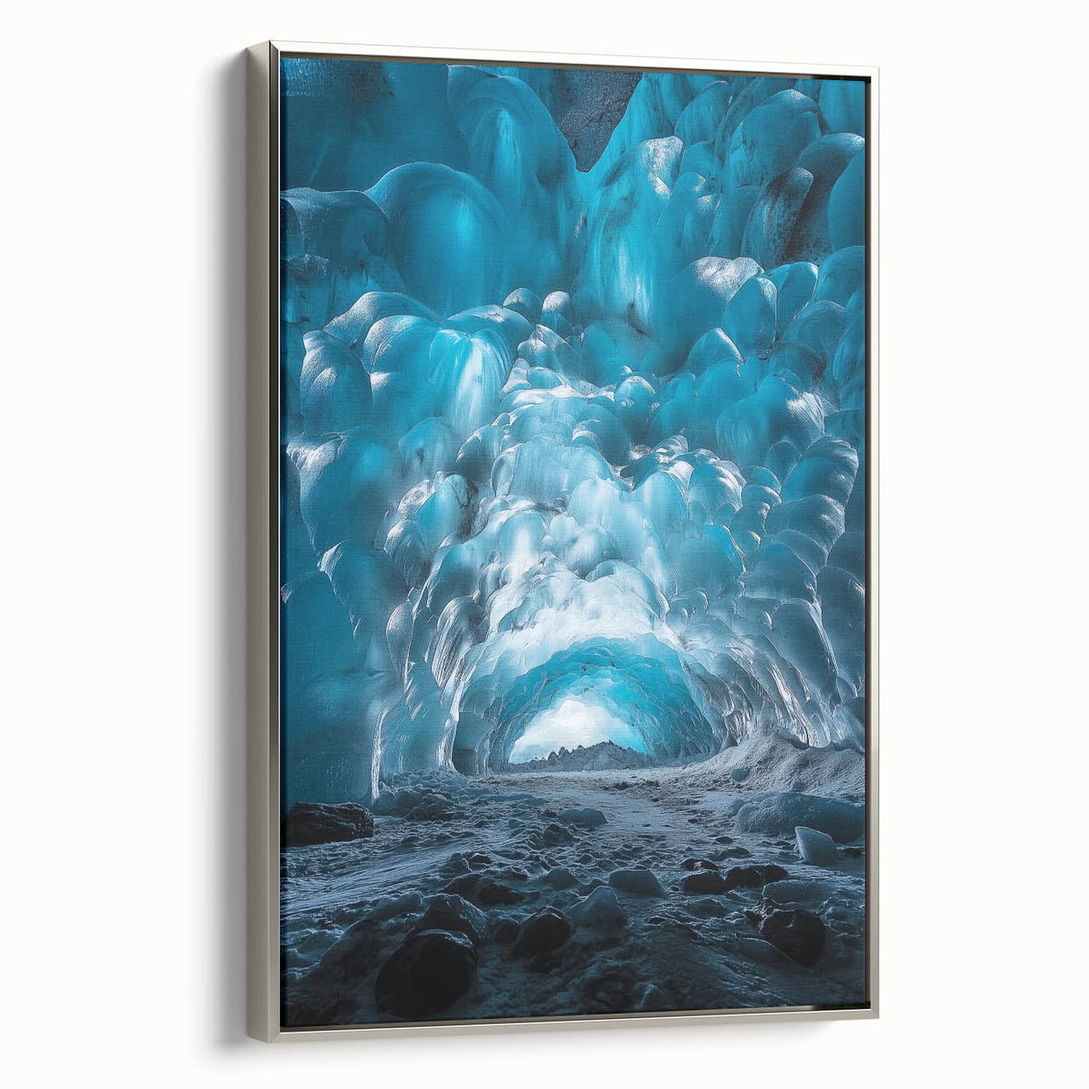 Framed canvas artwork showcasing a serene landscape with caves, featuring a silver side profile, perfect for modern home decor. Ideal for nature lovers.