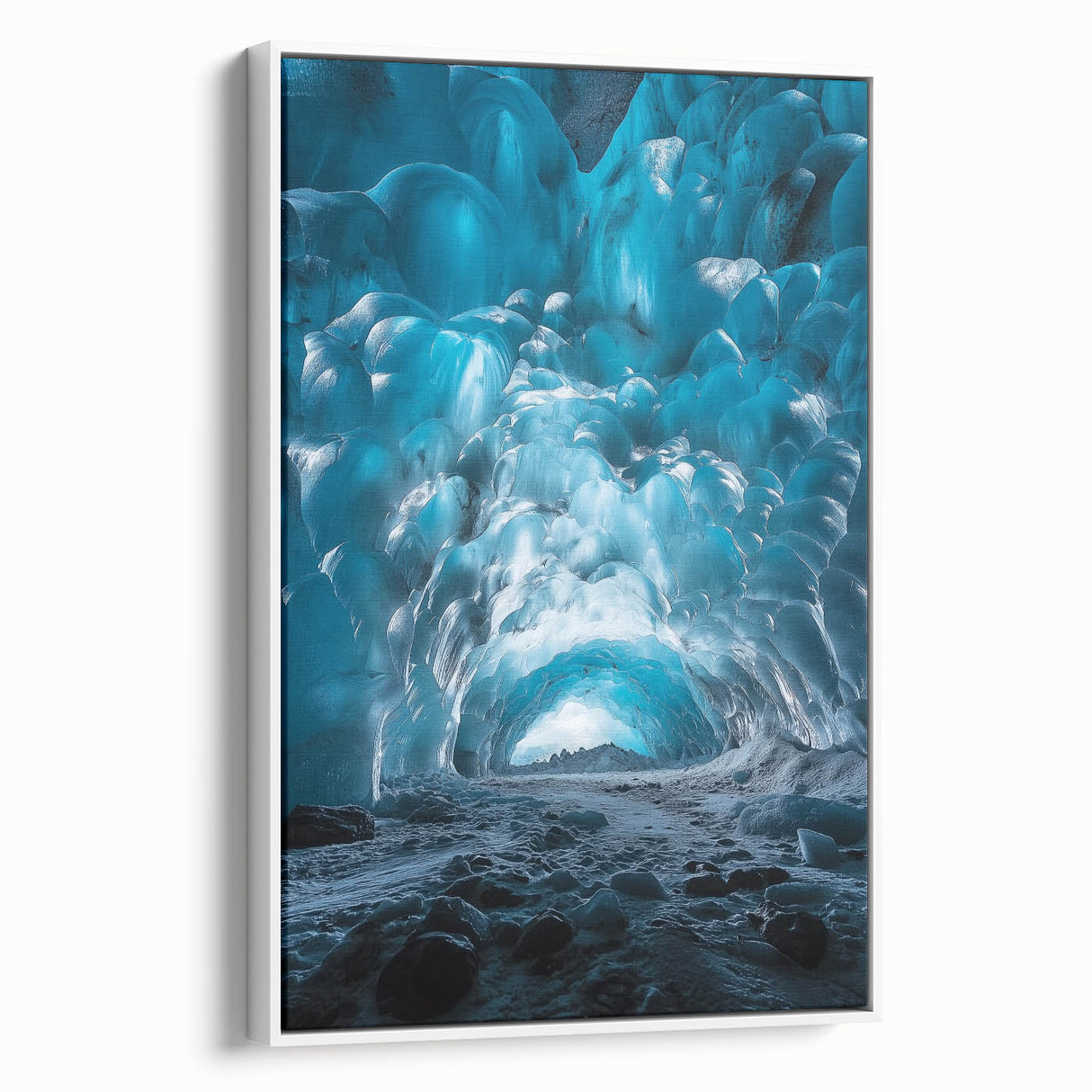 Framed canvas artwork showcasing a vibrant landscape with intricate cave formations, displayed against a white background, perfect for home decor enthusiasts.