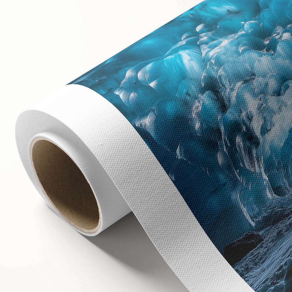 Rolled canvas showcasing a stunning landscape cave scene, rich in earthy tones and intricate details, elegantly packaged in a protective cardboard tube for delivery. Perfect for nature-inspired decor.
