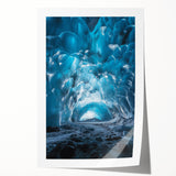Rolled canvas print showcasing a stunning landscape with intricate cave formations and rich colors, elegantly packaged in a protective cardboard tube for safe delivery.