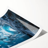 Rolled print showcasing a vibrant abstract landscape design with intricate cave formations, presented in a protective cardboard tube for easy display and transport.