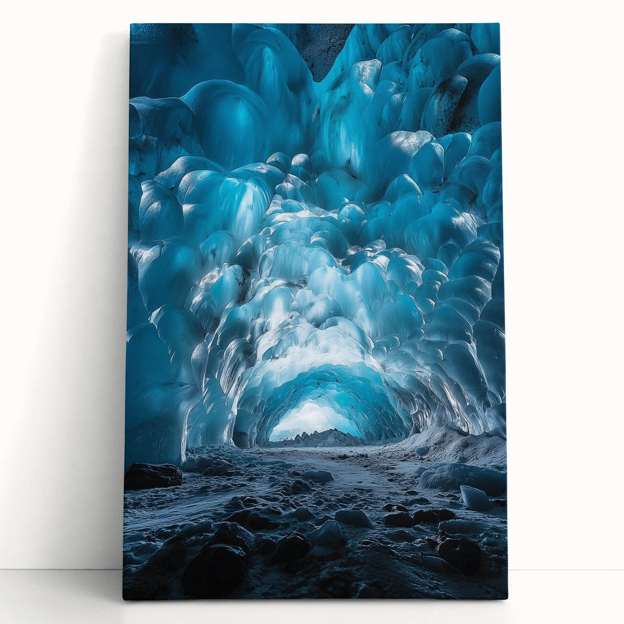 Stretched canvas artwork depicting a serene cave landscape with earthy tones and intricate textures, perfect for enhancing contemporary home decor.