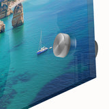 Close-up of an acrylic glass artwork showcasing vibrant cliff landscapes with rich colors and intricate details, ideal for modern home decor.